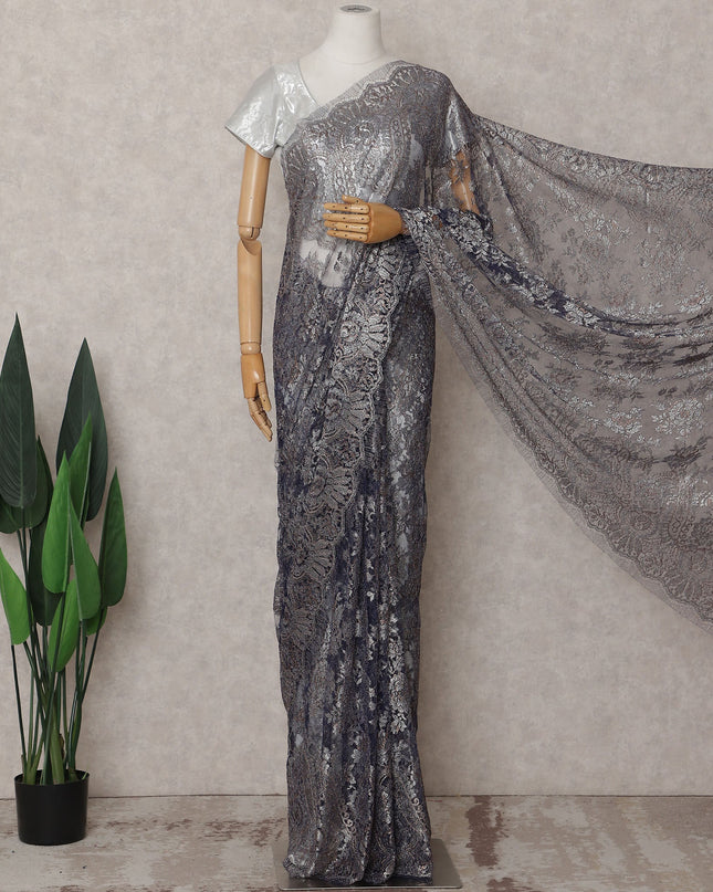 Slate Grey Chantilly Lace Saree - D31664