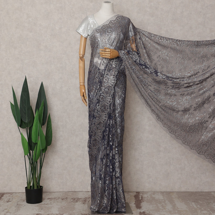 Slate Grey Chantilly Lace Saree - D31664
