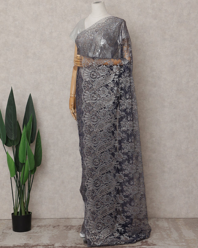 Slate Grey Chantilly Lace Saree - D31664