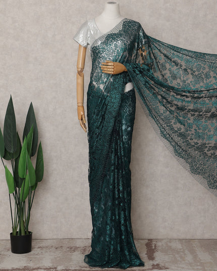 Silver to Emerald Green Ombre Ombre Chantilly Saree - D31681