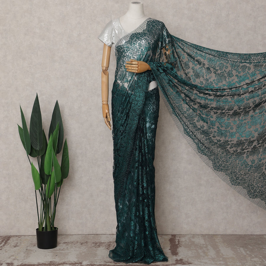 Silver to Emerald Green Ombre Ombre Chantilly Saree - D31681
