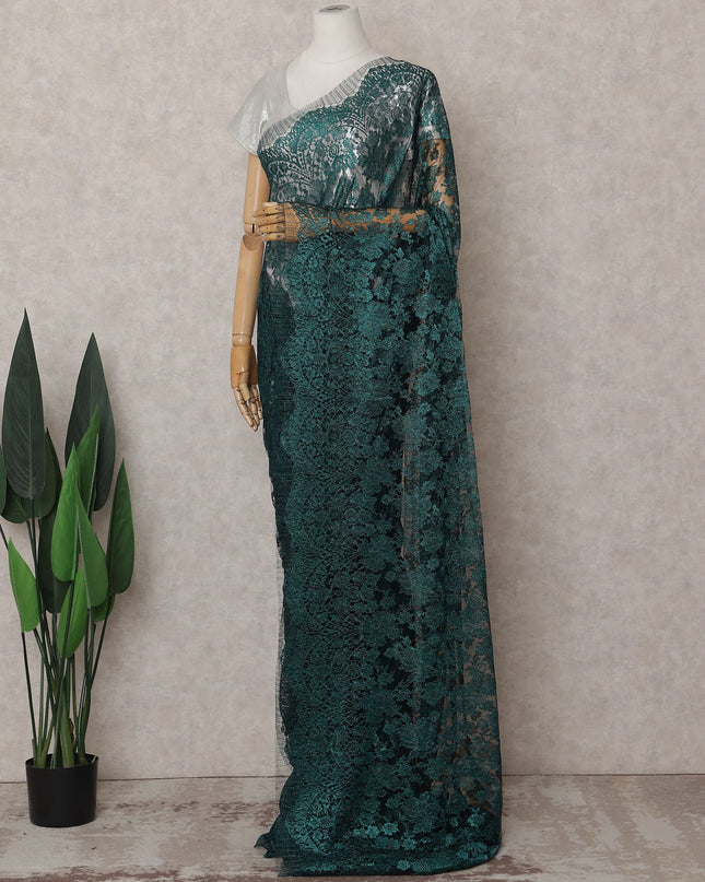 Silver to Emerald Green Ombre Ombre Chantilly Saree - D31681