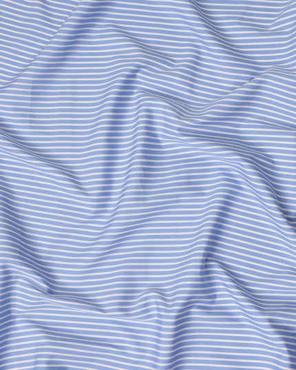 Light Blue White Striped Premium Italian 100% Cotton Shirting Fabric Fine Linear Design Smooth Woven Luxury Apparel Material 150 Cms Width Made in Italy-D27435