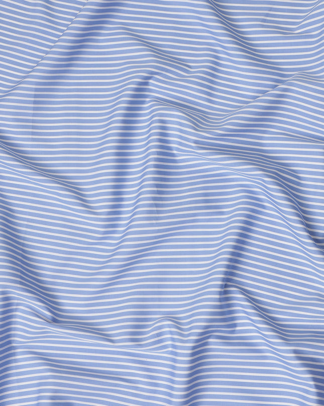 Light Blue White Striped Premium Italian 100% Cotton Shirting Fabric Fine Linear Design Smooth Woven Luxury Apparel Material 150 Cms Width Made in Italy-D27435