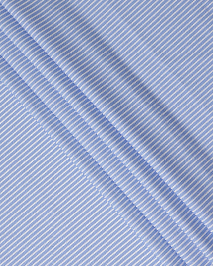 Light Blue White Striped Premium Italian 100% Cotton Shirting Fabric Fine Linear Design Smooth Woven Luxury Apparel Material 150 Cms Width Made in Italy-D27435