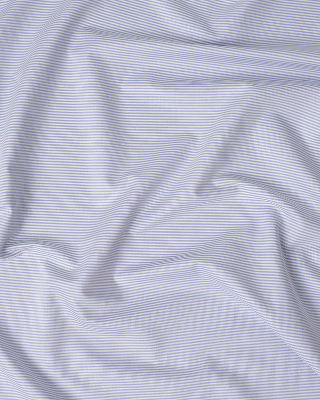 Light Blue Fine Stripe Premium Italian Blended Cotton Shirting Fabric Micro Striped Woven Design Soft Breathable Luxury Shirt Tailoring Material 150 Cms Width Italy Origin-D28505