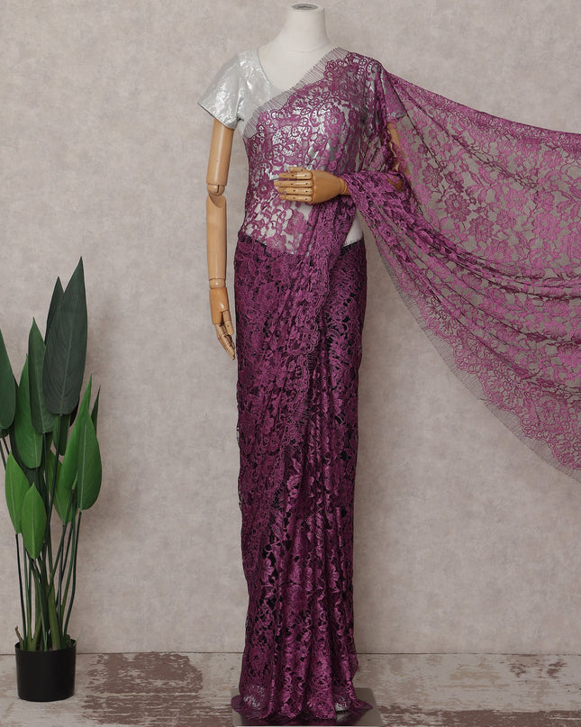 Orchid Magenta Floral French Chantilly Lace Saree