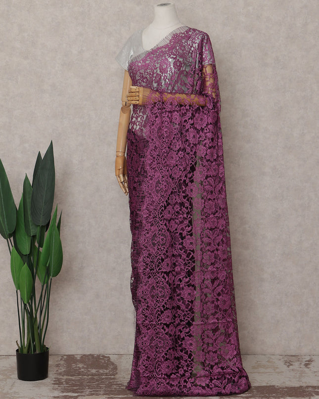 Orchid Magenta Floral French Chantilly Lace Saree