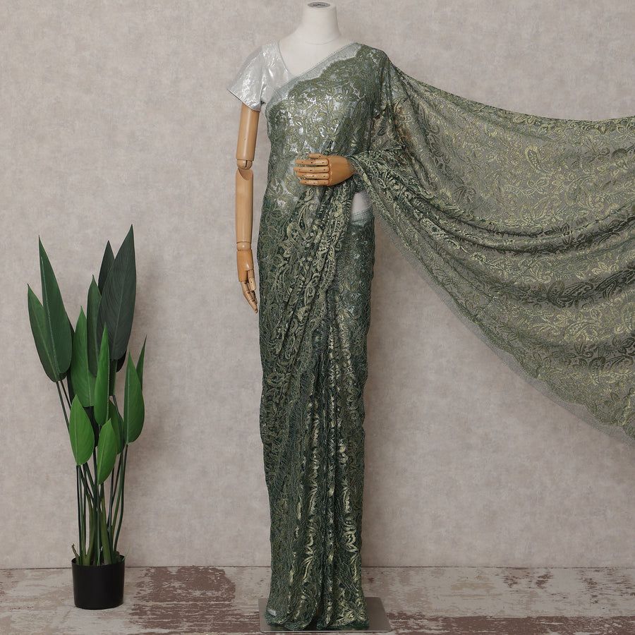 Olive Gold Paisley French Chantilly Lace Saree