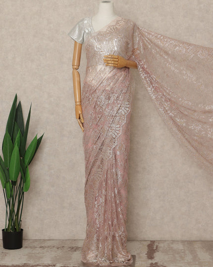 Blush Pink Premium French Metallic Chantilly Saree Lace Fabric 5.5 Meters Length 110 Cms Width Imported From France Elegant Designer Lace Blouse Not Included-D27363 Regal Fabrics