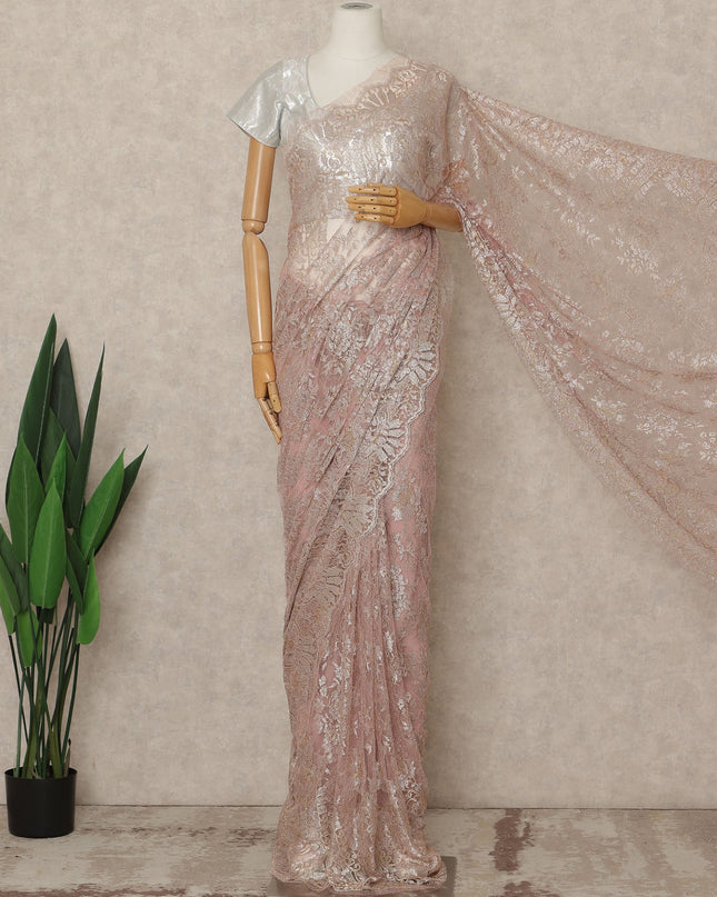 Blush Pink Premium French Metallic Chantilly Saree Lace Fabric 5.5 Meters Length 110 Cms Width Imported From France Elegant Designer Lace Blouse Not Included-D27363 Regal Fabrics