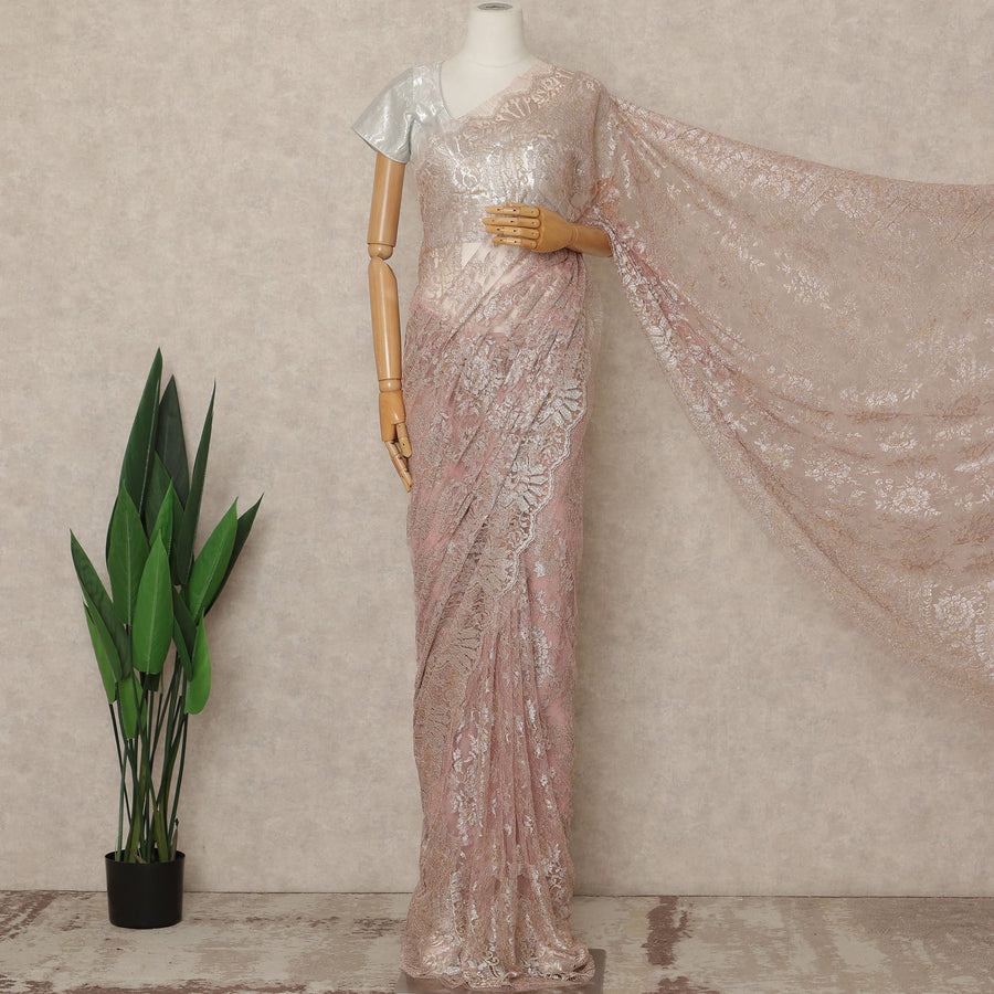 Blush Pink Premium French Metallic Chantilly Saree Lace Fabric 5.5 Meters Length 110 Cms Width Imported From France Elegant Designer Lace Blouse Not Included-D27363 Regal Fabrics