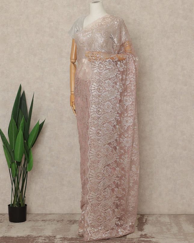 Blush Pink Premium French Metallic Chantilly Saree Lace Fabric 5.5 Meters Length 110 Cms Width Imported From France Elegant Designer Lace Blouse Not Included-D27363 Regal Fabrics