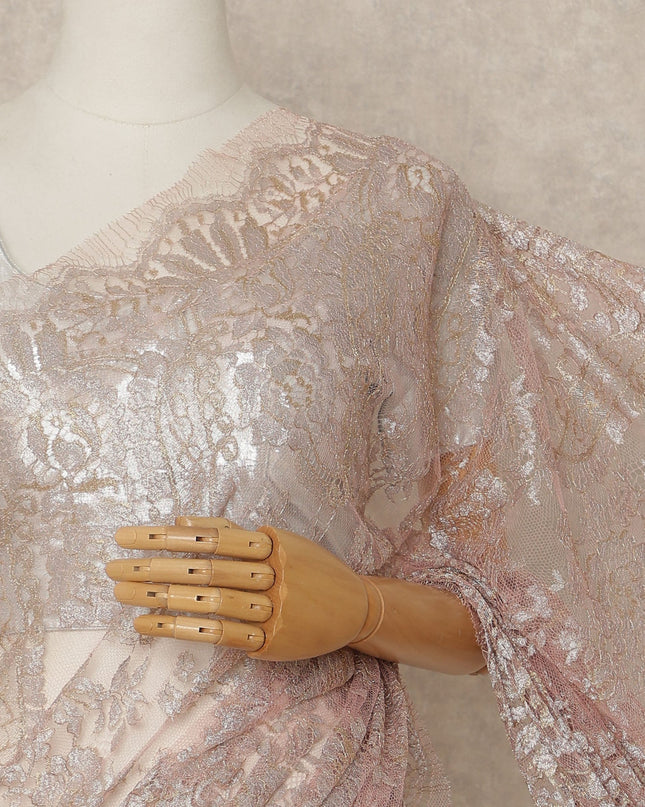 Blush Pink Premium French Metallic Chantilly Saree Lace Fabric 5.5 Meters Length 110 Cms Width Imported From France Elegant Designer Lace Blouse Not Included-D27363 Regal Fabrics