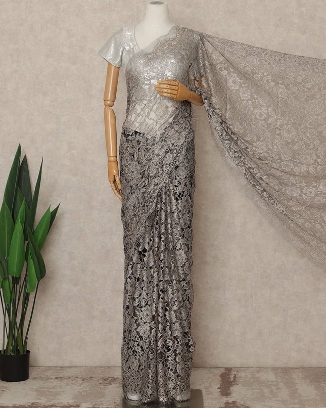 Silver Grey Premium French Two Tone Chantilly Saree Lace 5.5 Mtrs Width 110 Cms France-D27348 Regal Fabrics