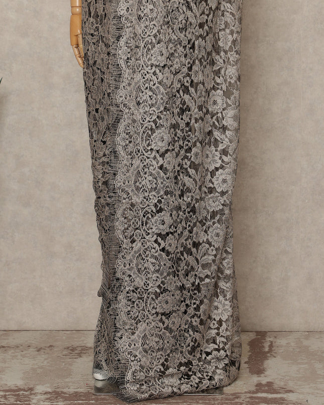 Silver Grey Premium French Two Tone Chantilly Saree Lace 5.5 Mtrs Width 110 Cms France-D27348 Regal Fabrics