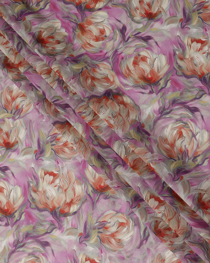 Pink Floral Printed Cotton Voile Fabric 150 Cms Width Soft Lightweight Sheer Dress Material India-D27917