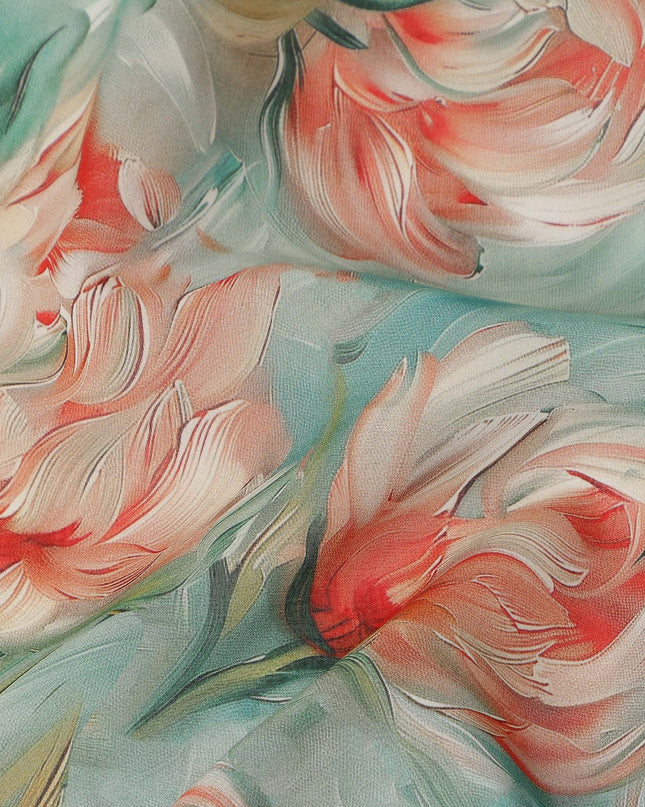 Mint Green Floral Printed Cotton Voile Fabric 150 Cms Width Soft Lightweight Breathable Dress Material India-D27919