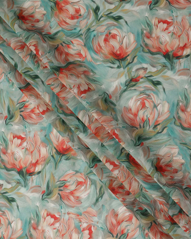 Mint Green Floral Printed Cotton Voile Fabric 150 Cms Width Soft Lightweight Breathable Dress Material India-D27919