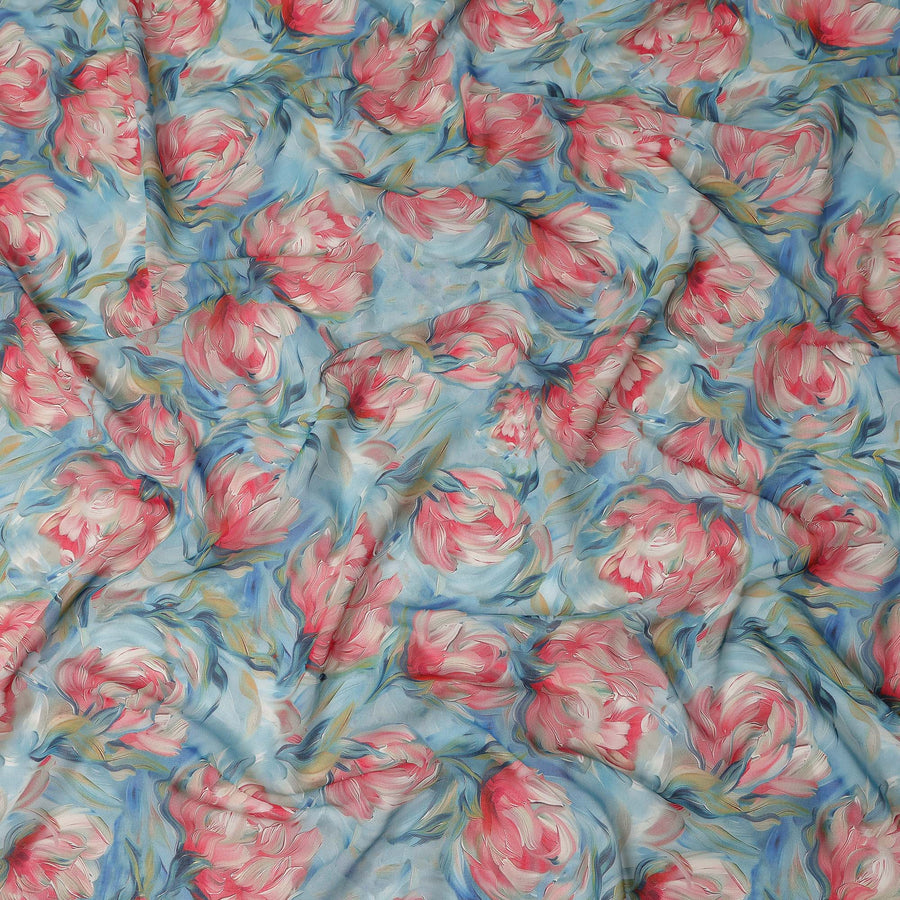 Sky Blue Floral Printed Cotton Voile Fabric 150 Cms Width Soft Lightweight Breathable Dress Material India-D27918 Regal Fabrics