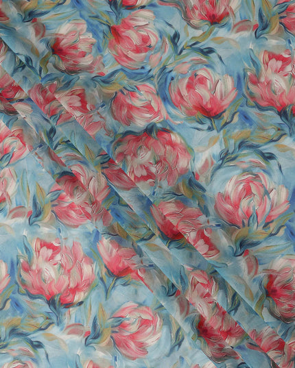 Sky Blue Floral Printed Cotton Voile Fabric 150 Cms Width Soft Lightweight Breathable Dress Material India-D27918 Regal Fabrics