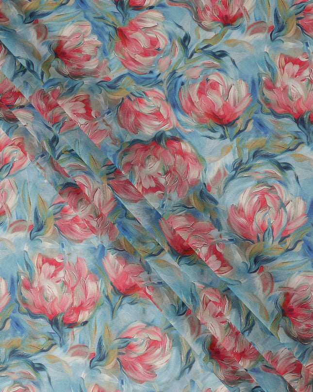 Sky Blue Floral Printed Cotton Voile Fabric 150 Cms Width Soft Lightweight Breathable Dress Material India-D27918