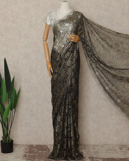 Black Gold Metallic French Chantilly Saree Lace Elegant Floral Net Design 5.5 Mtrs Length 110 Cms Width Premium Soft Sheer Fabric France Origin-D28912 Regal Fabrics