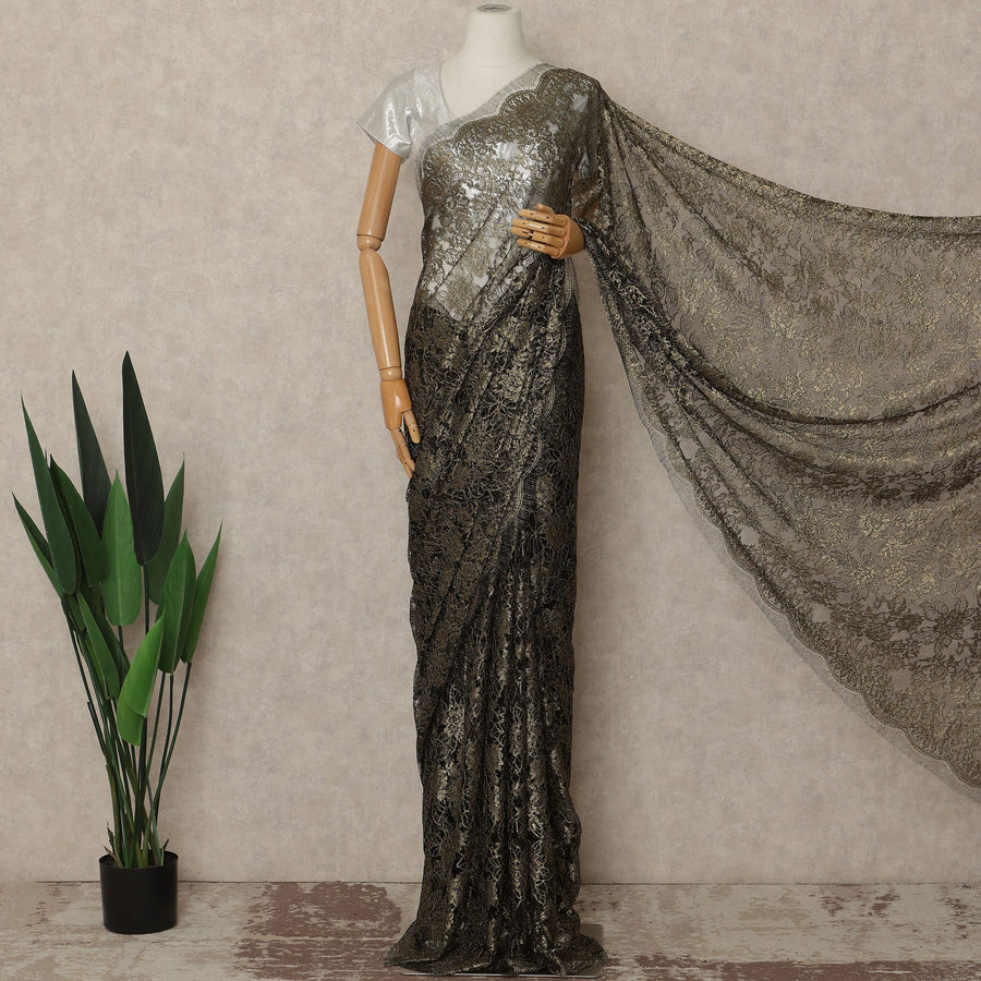 Black Gold Metallic French Chantilly Saree Lace Elegant Floral Net Design 5.5 Mtrs Length 110 Cms Width Premium Soft Sheer Fabric France Origin-D28912 Regal Fabrics