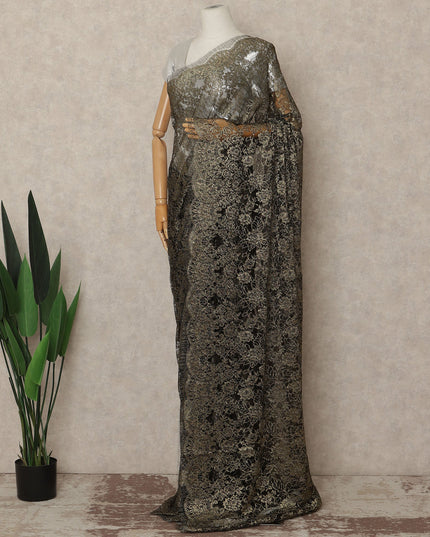 Black Gold Metallic French Chantilly Saree Lace Elegant Floral Net Design 5.5 Mtrs Length 110 Cms Width Premium Soft Sheer Fabric France Origin-D28912 Regal Fabrics