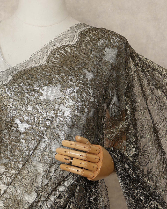 Black Gold Metallic French Chantilly Saree Lace Elegant Floral Net Design 5.5 Mtrs Length 110 Cms Width Premium Soft Sheer Fabric France Origin-D28912 Regal Fabrics