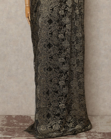 Black Gold Metallic French Chantilly Saree Lace Elegant Floral Net Design 5.5 Mtrs Length 110 Cms Width Premium Soft Sheer Fabric France Origin-D28912 Regal Fabrics