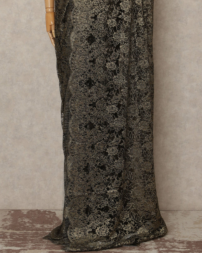 Black Gold Metallic French Chantilly Saree Lace Elegant Floral Net Design 5.5 Mtrs Length 110 Cms Width Premium Soft Sheer Fabric France Origin-D28912 Regal Fabrics