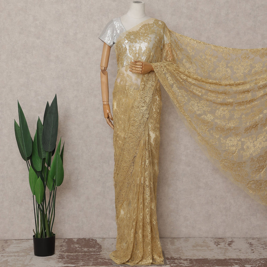 Antique Gold Chantilly Lace Saree | Regal Fabrics