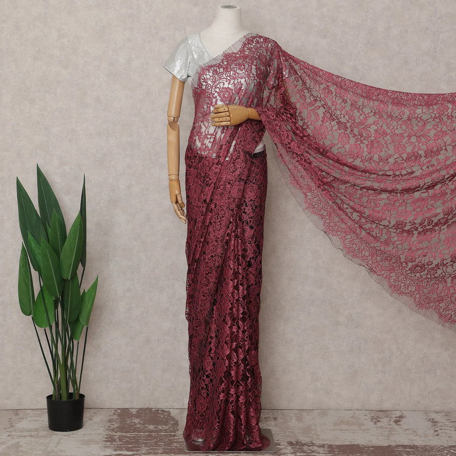 Raspberry Pink French Chantilly Lace Saree 5.5m
