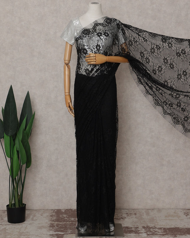 Jet Black French Chantilly Lace Saree