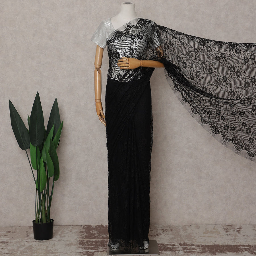 Jet Black French Chantilly Lace Saree