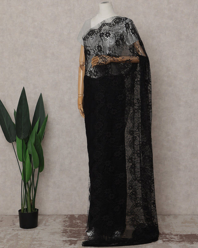 Jet Black French Chantilly Lace Saree