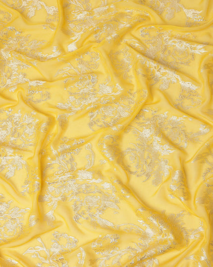 Lemon Yellow Silver Floral Metallic Lurex Silk Chiffon Fabric 110 Cms Wide, Made in South Korea-D27540