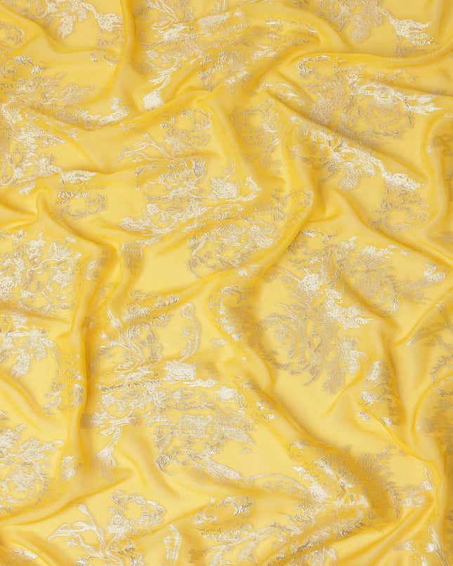 Lemon Yellow Silver Floral Metallic Lurex Silk Chiffon Fabric 110 Cms Wide, Made in South Korea-D27540