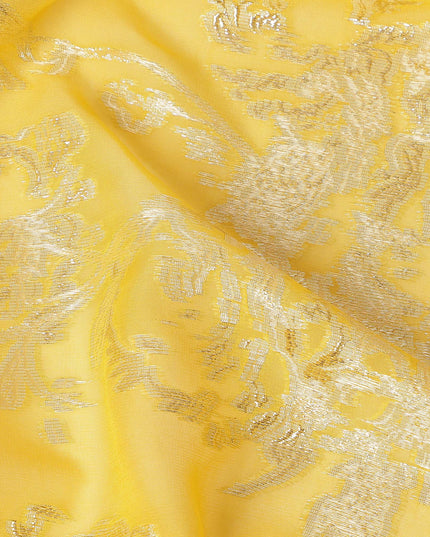 Lemon Yellow Silver Floral Metallic Lurex Silk Chiffon Fabric 110 Cms Wide, Made in South Korea-D27540