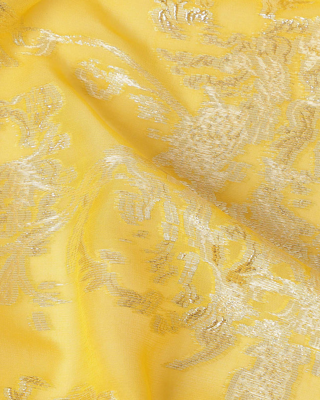 Lemon Yellow Silver Floral Metallic Lurex Silk Chiffon Fabric 110 Cms Wide, Made in South Korea-D27540