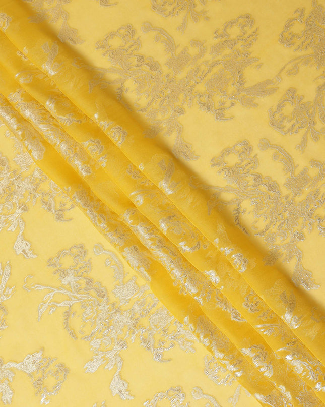 Lemon Yellow Silver Floral Metallic Lurex Silk Chiffon Fabric 110 Cms Wide, Made in South Korea-D27540