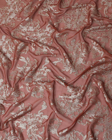 Dusty Rose Pink Silver Floral Metallic Lurex Silk Chiffon Fabric 110 Cms Wide, Made in South Korea-D27539