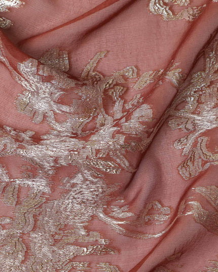 Dusty Rose Pink Silver Floral Metallic Lurex Silk Chiffon Fabric 110 Cms Wide, Made in South Korea-D27539