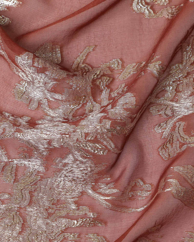 Dusty Rose Pink Silver Floral Metallic Lurex Silk Chiffon Fabric 110 Cms Wide, Made in South Korea-D27539