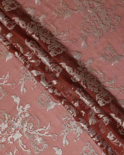 Dusty Rose Pink Silver Floral Metallic Lurex Silk Chiffon Fabric 110 Cms Wide, Made in South Korea-D27539
