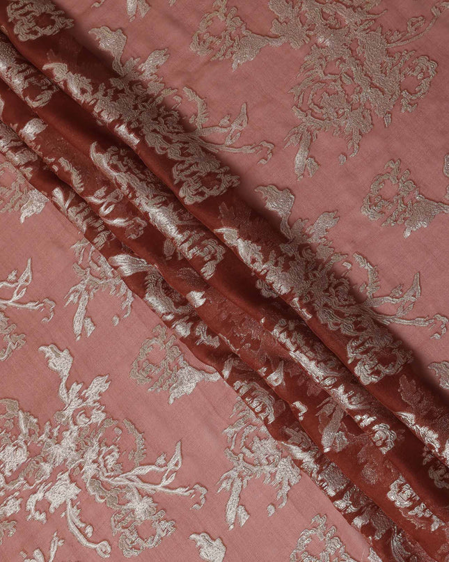 Dusty Rose Pink Silver Floral Metallic Lurex Silk Chiffon Fabric 110 Cms Wide, Made in South Korea-D27539