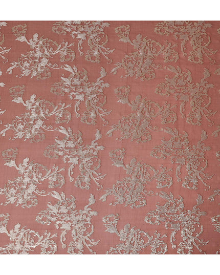 Dusty Rose Pink Silver Floral Metallic Lurex Silk Chiffon Fabric 110 Cms Wide, Made in South Korea-D27539