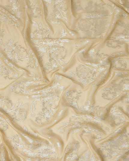 Beige Silver Floral Metallic Lurex Silk Chiffon Fabric 110 Cms Wide, Made in South Korea-D27541