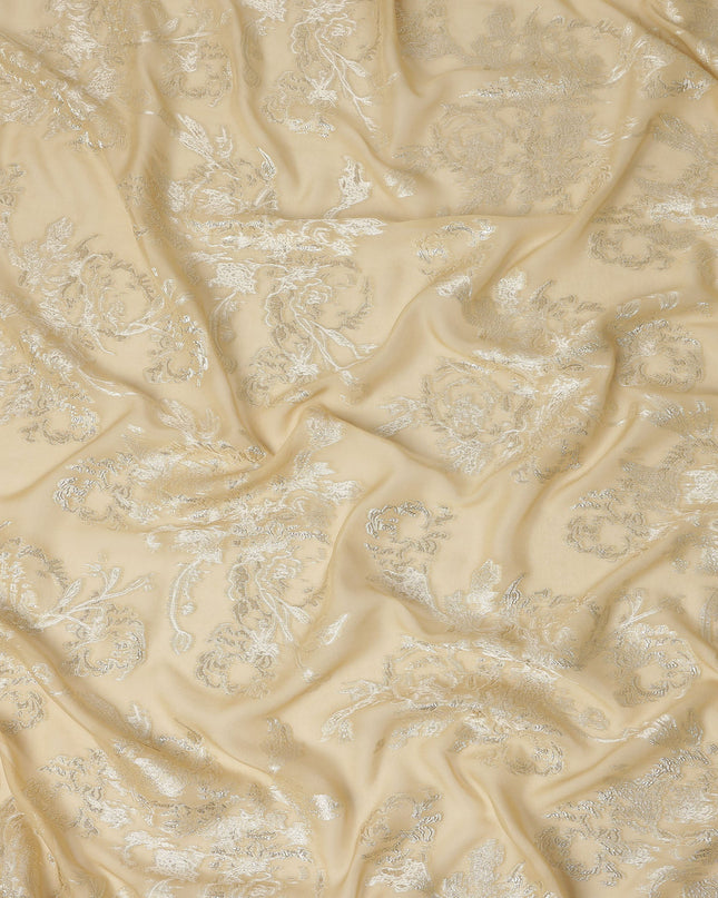 Beige Silver Floral Metallic Lurex Silk Chiffon Fabric 110 Cms Wide, Made in South Korea-D27541